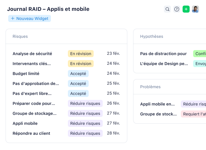 Tableau de bord d'application avec log RAID sur mobile et bureau.