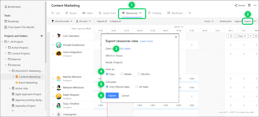 Screenshot of Wrike interface, showing the Resources view