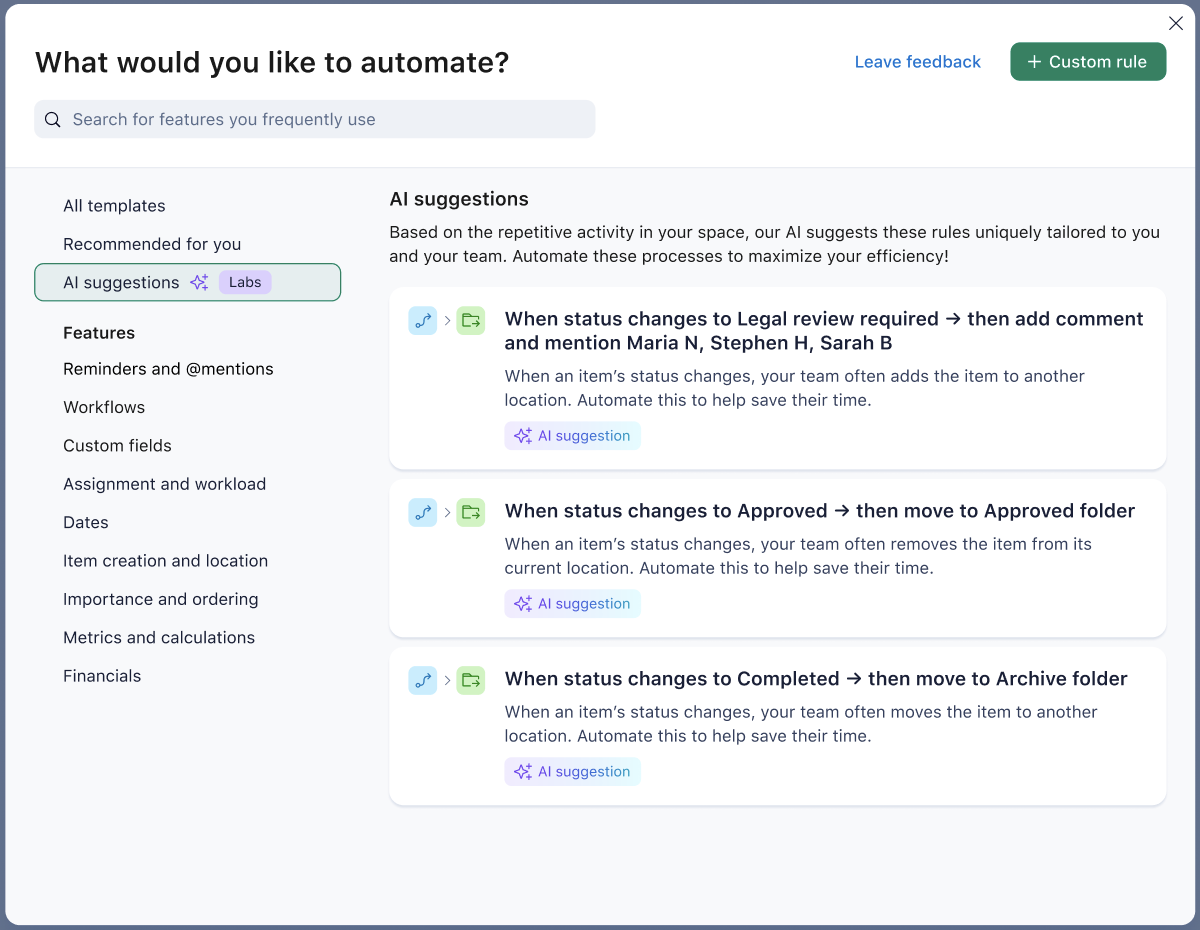 Screenshot of Wrike AI suggestions for automation