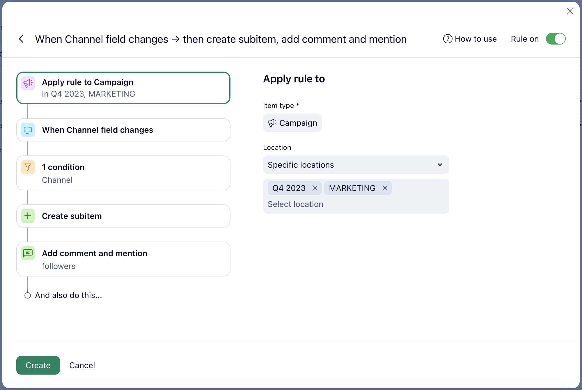 Screenshot of Wrike automation rule builder