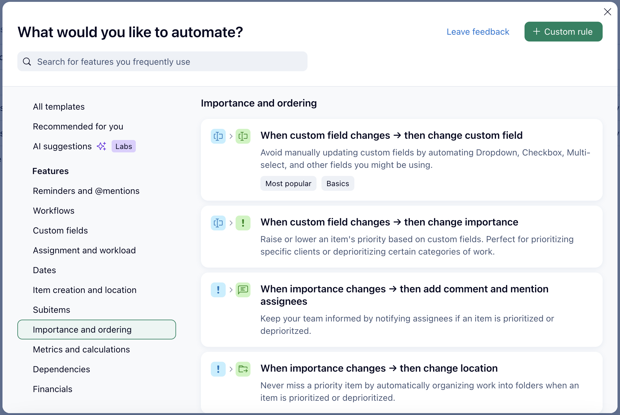 Screenshot of Wrike automation rule importance