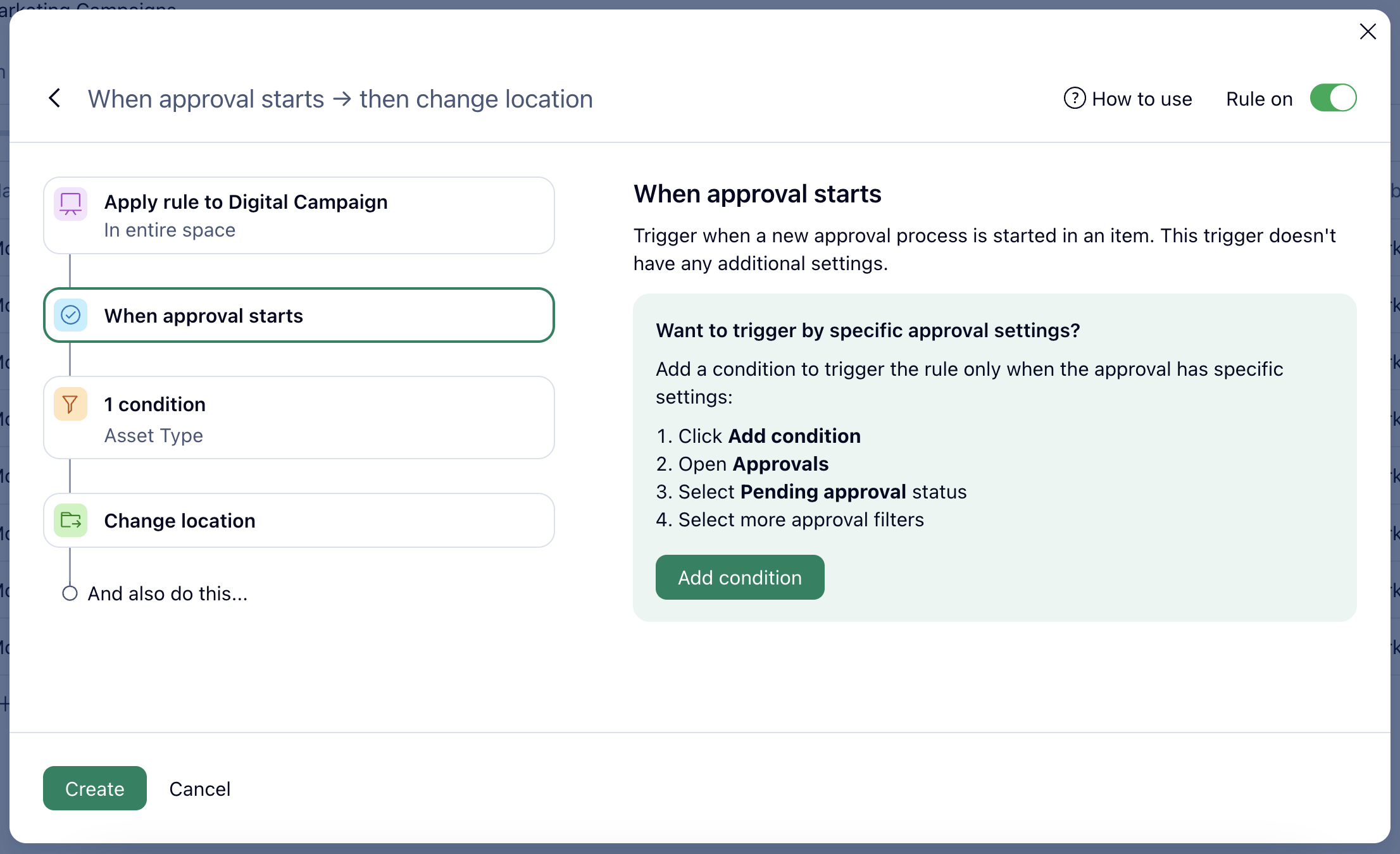 A screenshot of creating an automation rule for Wrike's approval feature