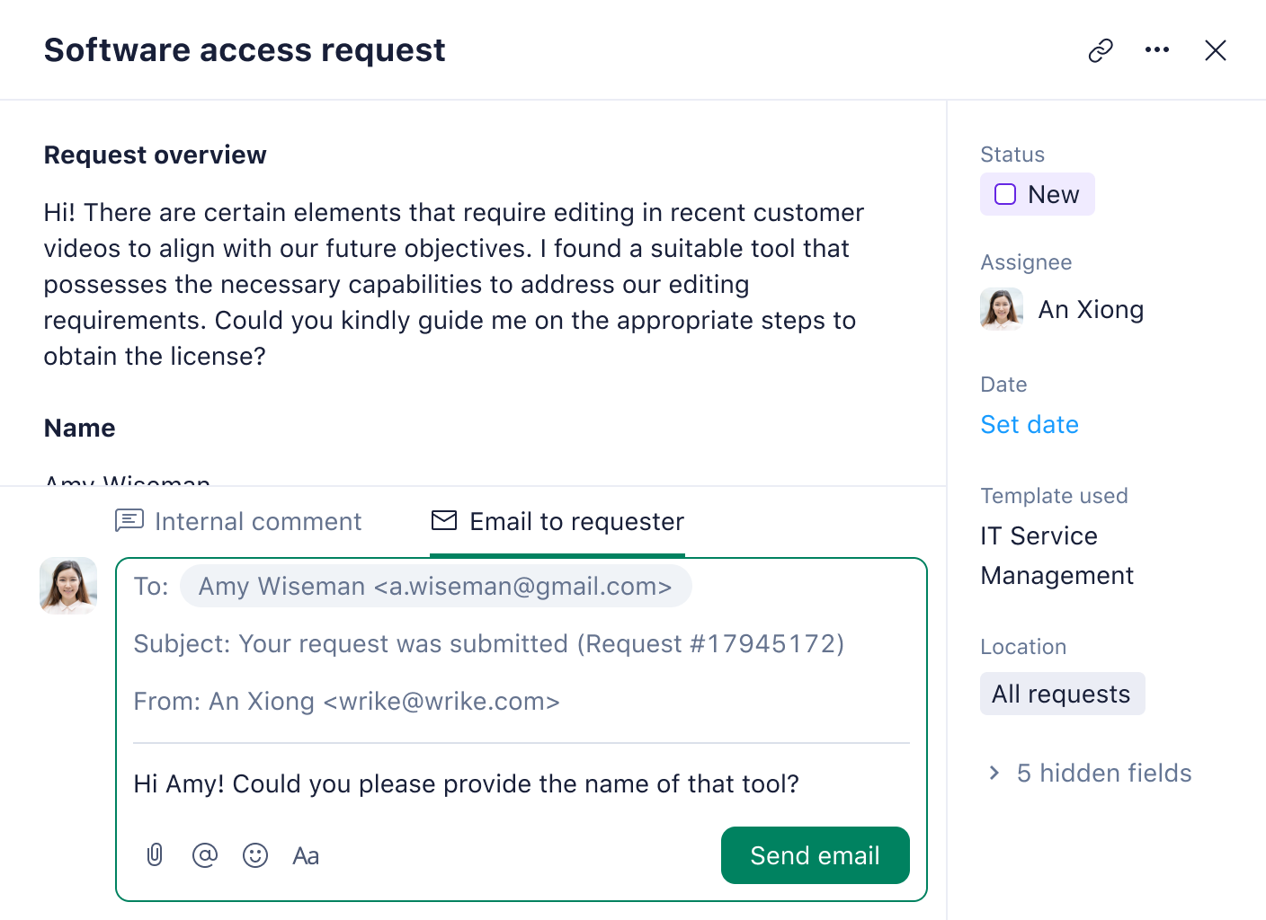 wrike product screenshot showing how to send an email via without leaving wrike