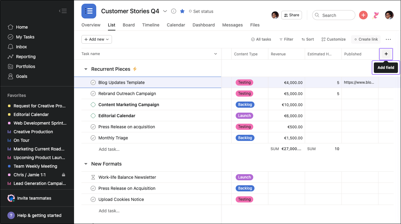 asana custom fields