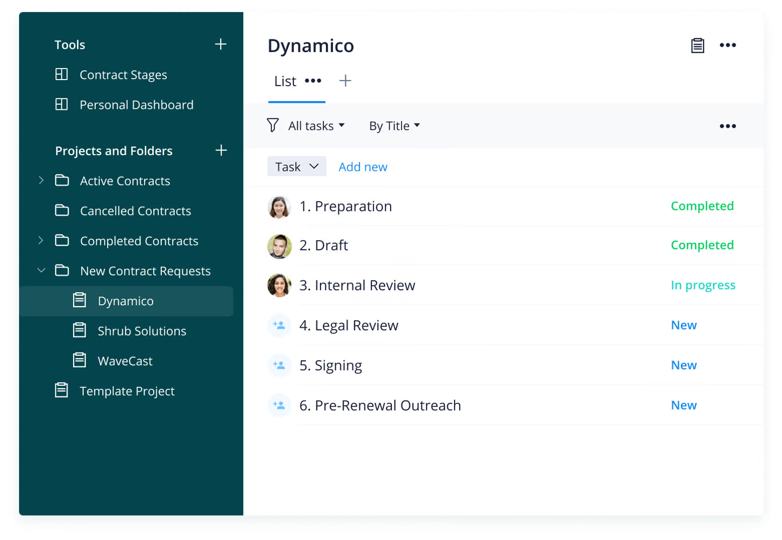 screenshot of contract management template in Wrike