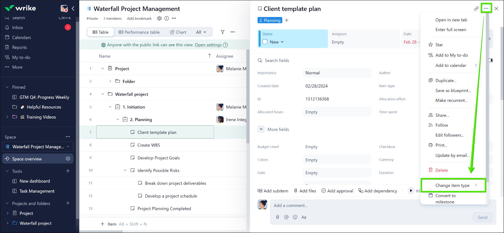 product screenshot of Wrike interface showing how to convert tasks to projects