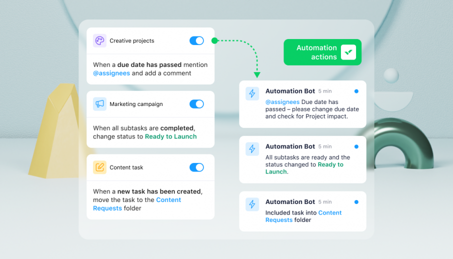 product screenshot of wrike automation actions on light background