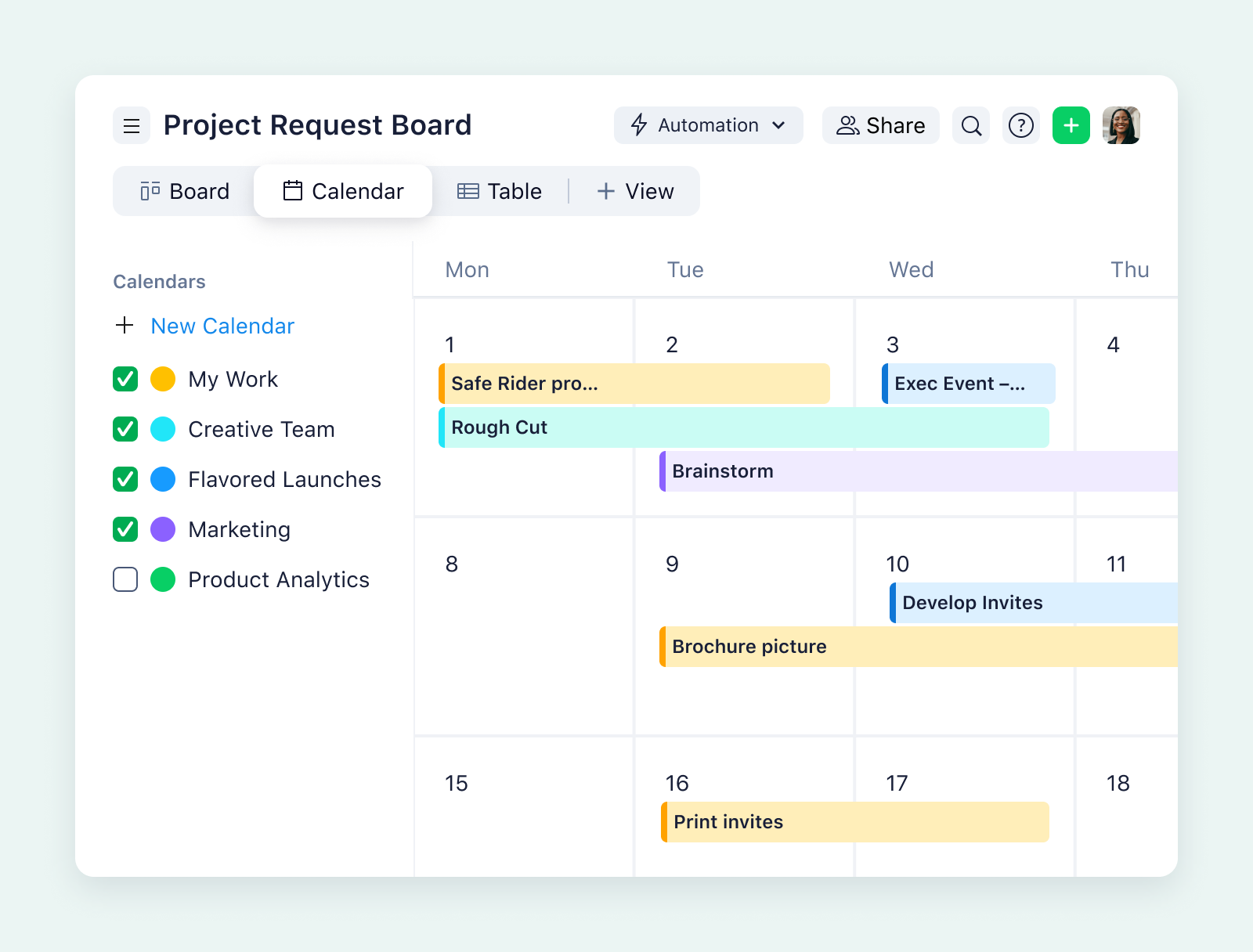 product screenshot of wrike calendar view on aqua background