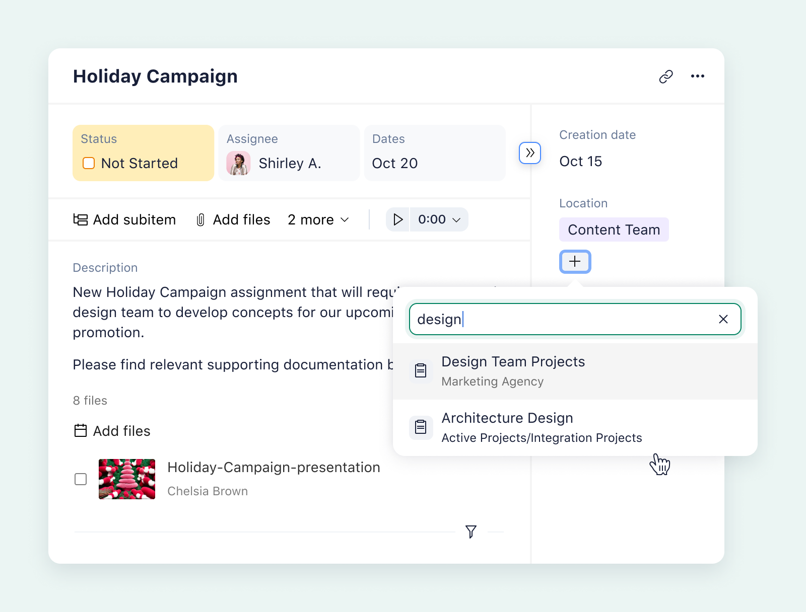 product screenshot of wrike cross-tagging on aqua background