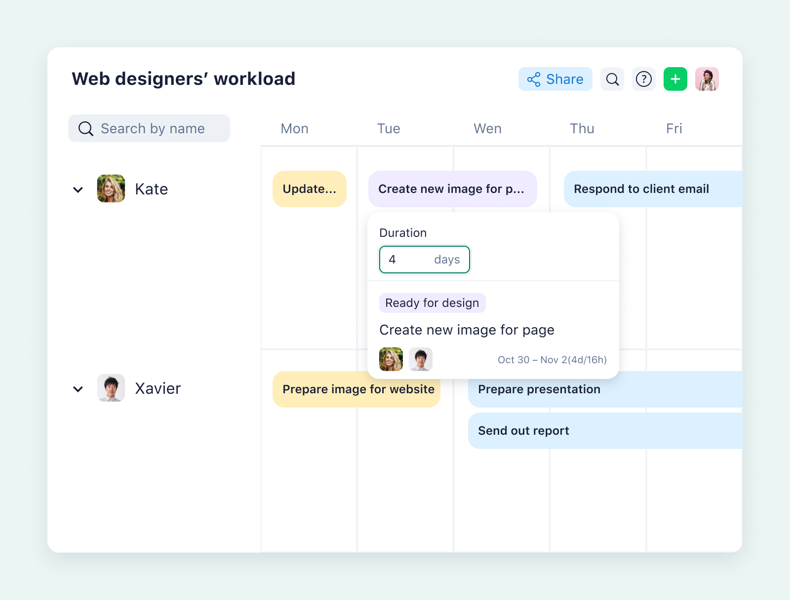 product screenshot for wrike workload chart on aqua background
