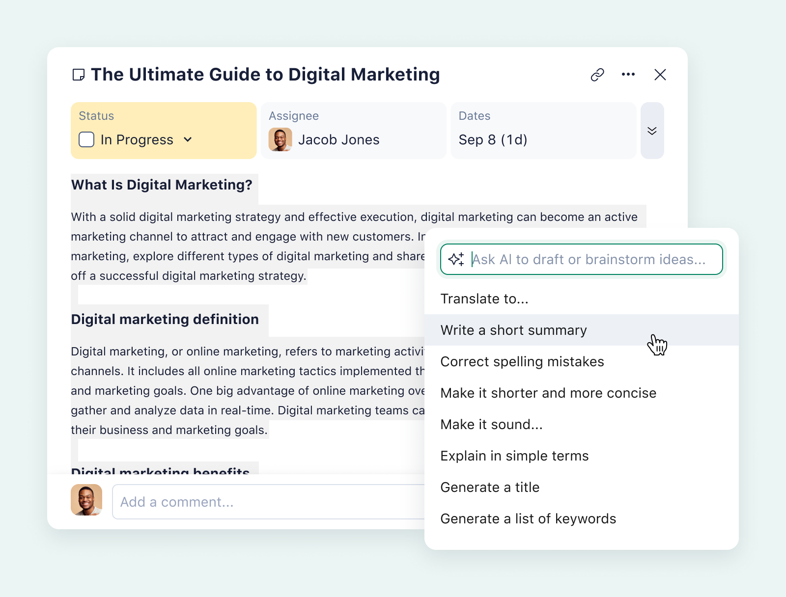 product screenshot of wrike gen ai on aqua background