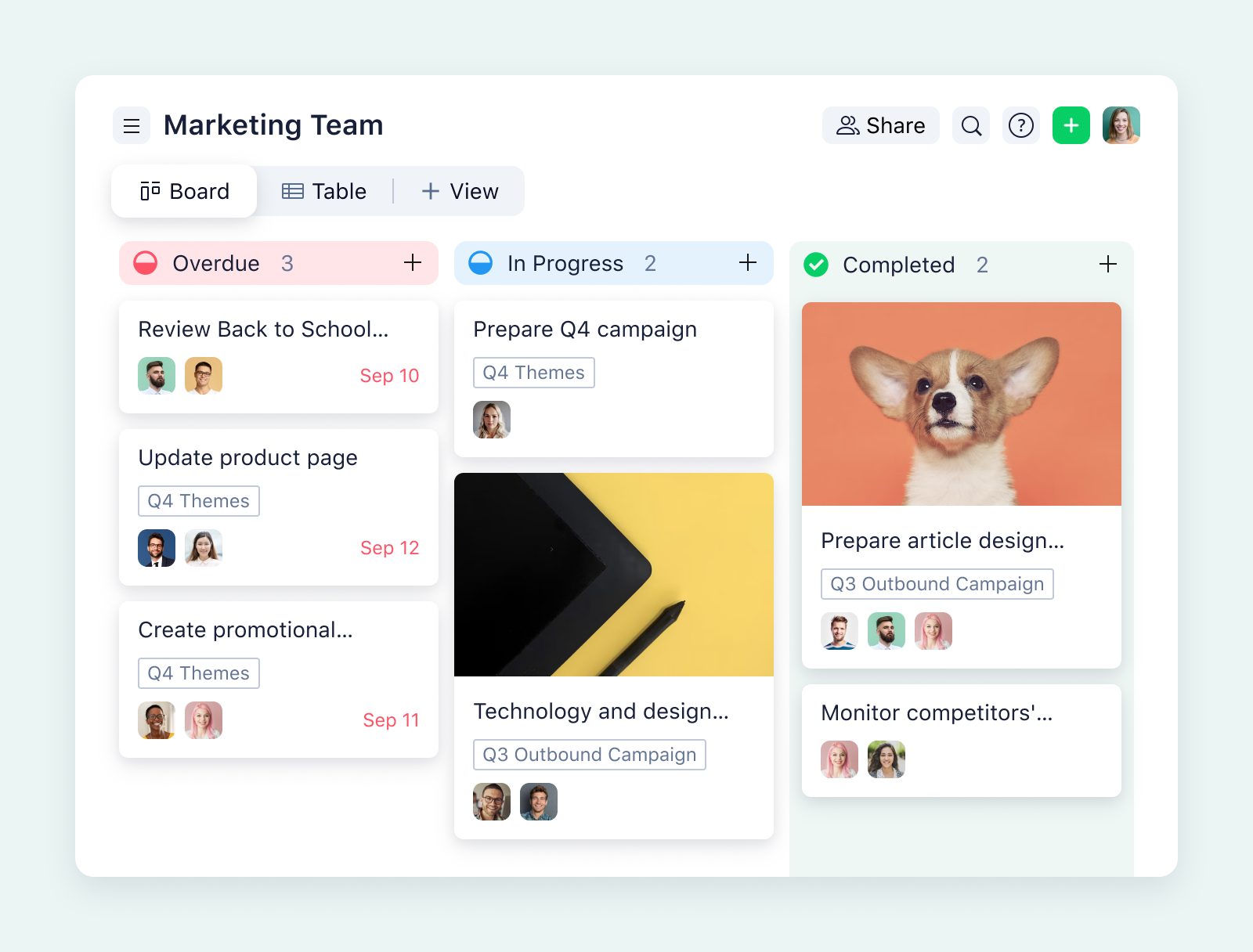 product screenshot of wrike board view on aqua background