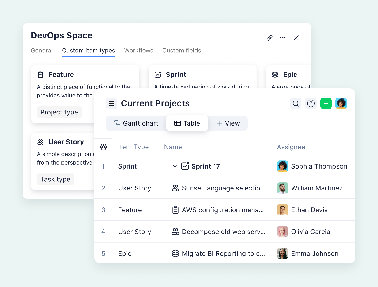 product screenshot of wrike custom item types on aqua background