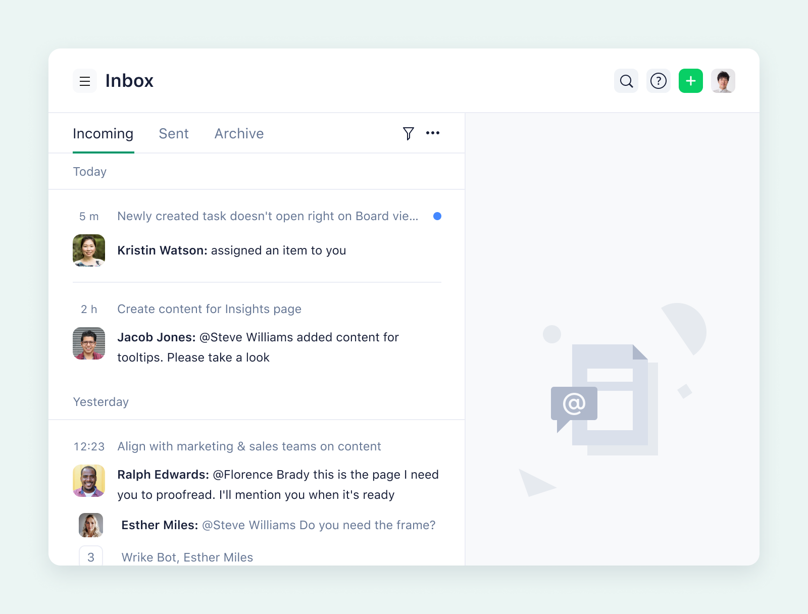product screenshot of wrike inbox on aqua background