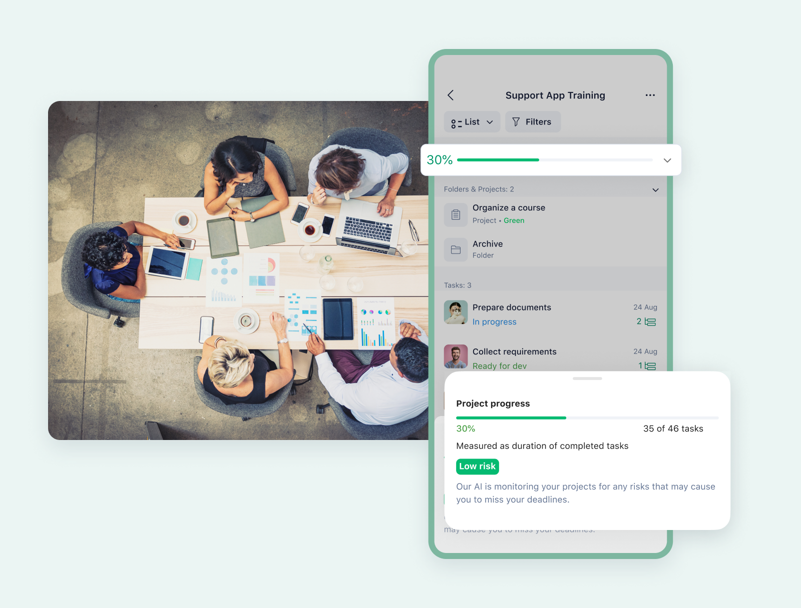 product screenshot of wrike mobile on aqua background