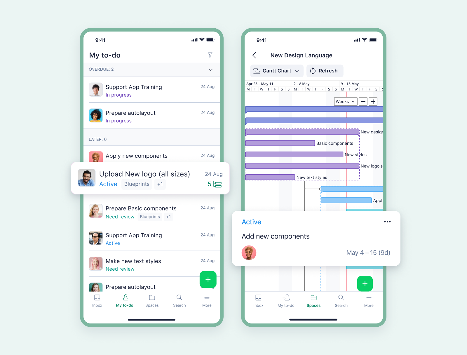 product screenshot of wrike mobile on aqua background