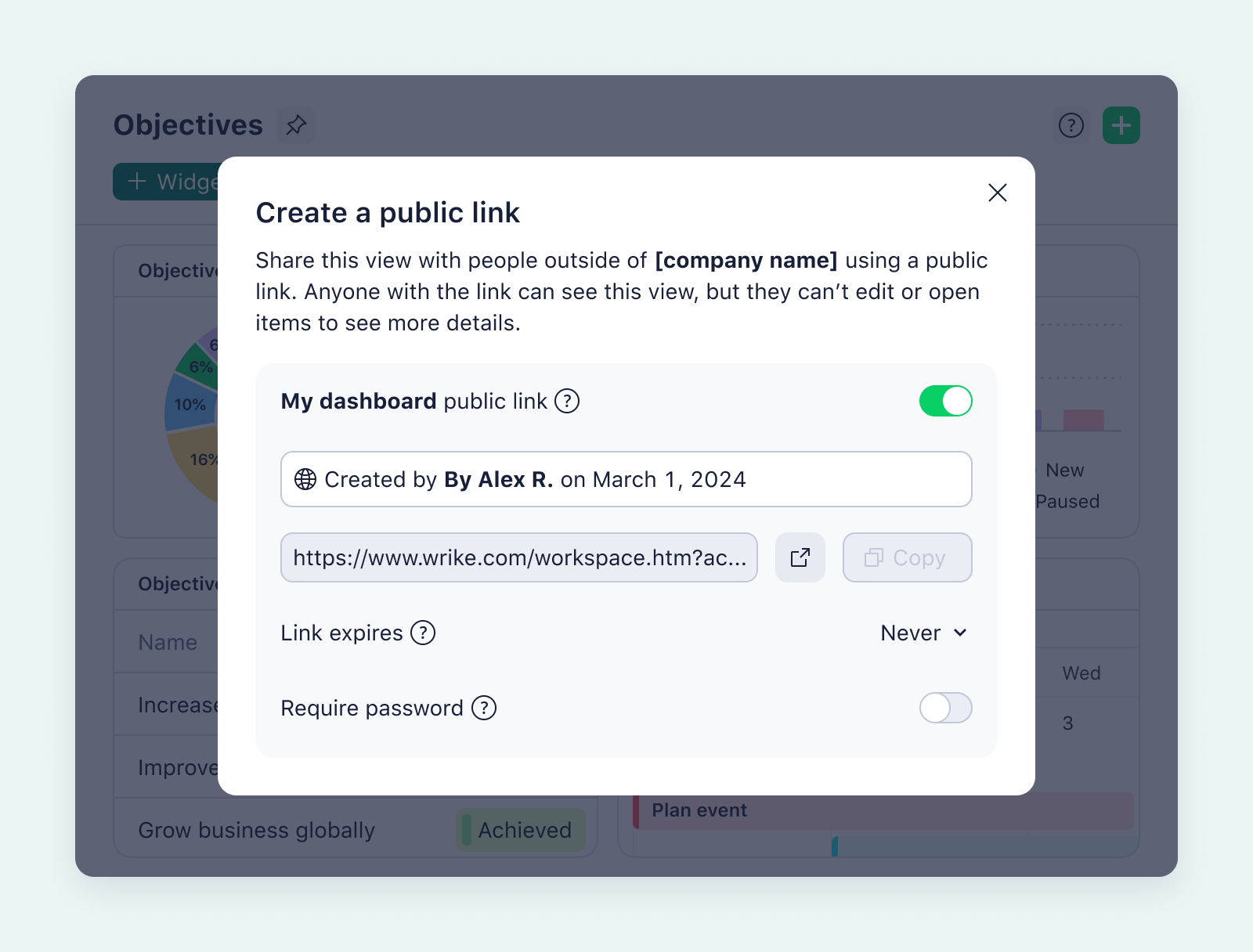 product screenshot of wrike dashboard on aqua background