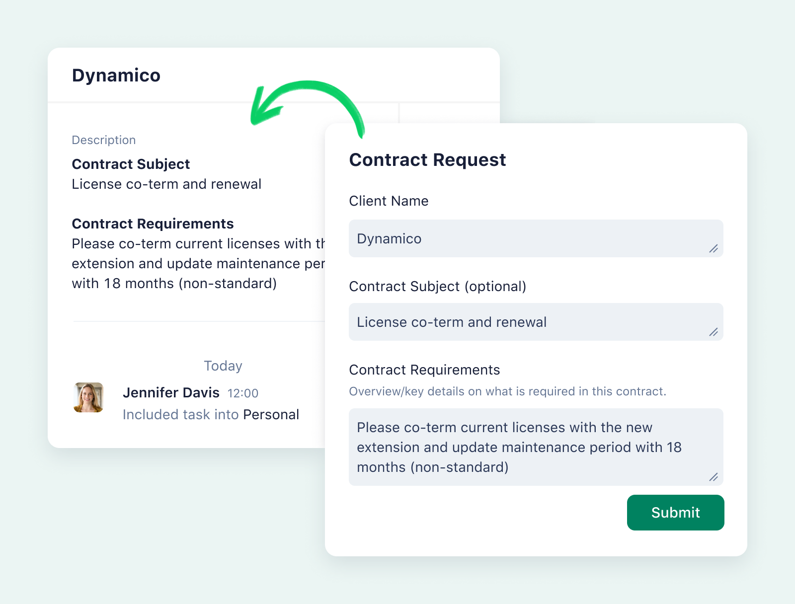 product screenshot of wrike request form on aqua background