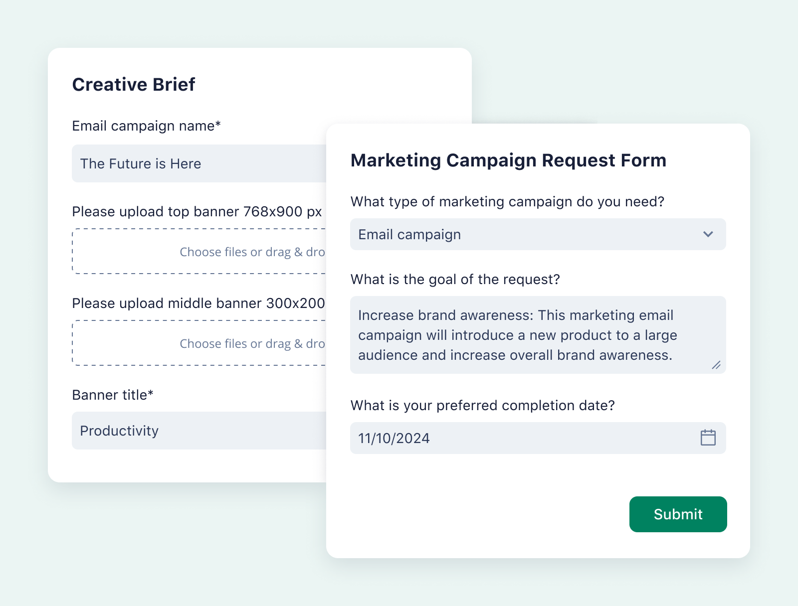 product screenshot of wrike request form on aqua background