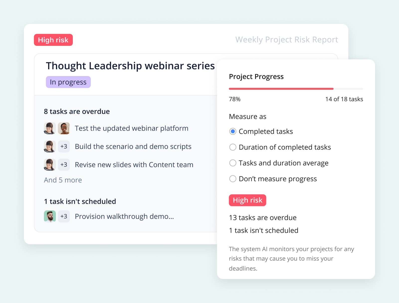 product screenshot of wrike project risk report on aqua background