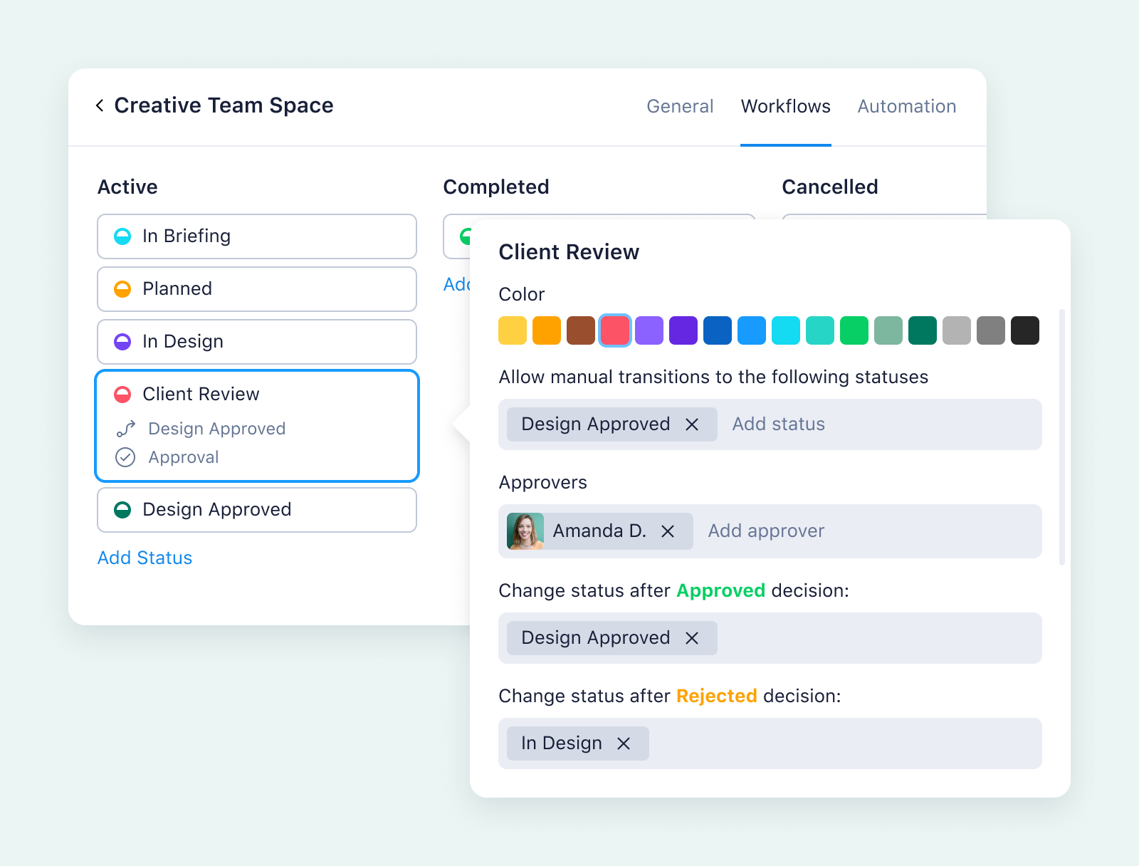 product screenshot of wrike space workflow on aqua background