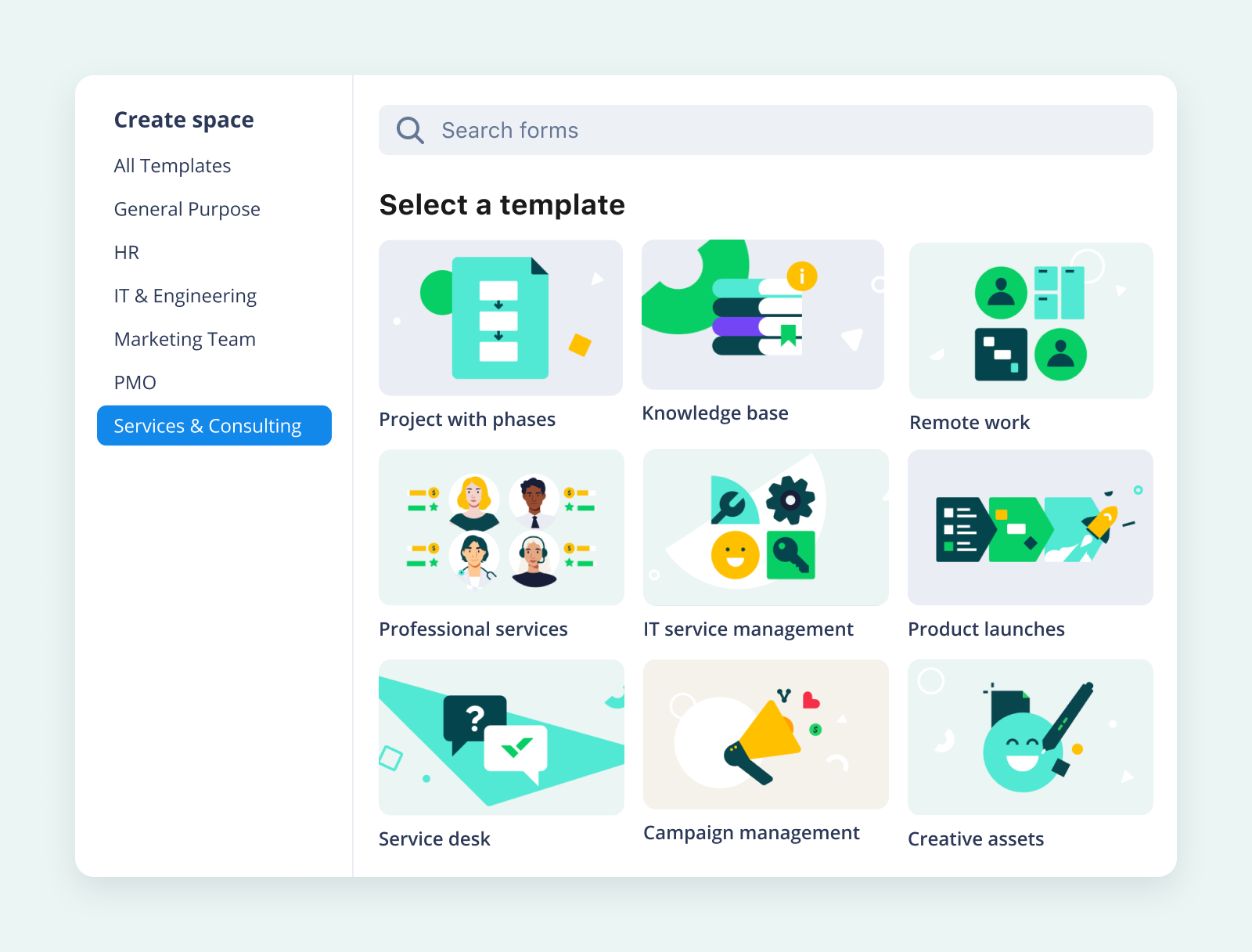 product screenshot of wrike space templates on aqua background