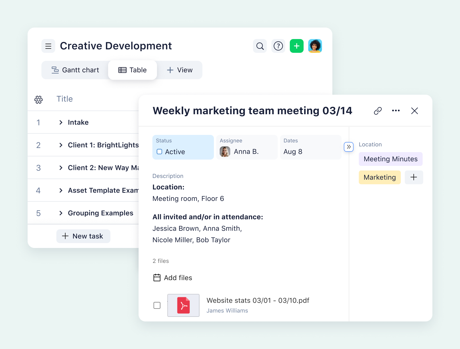 product screenshot of wrike table view on aqua background