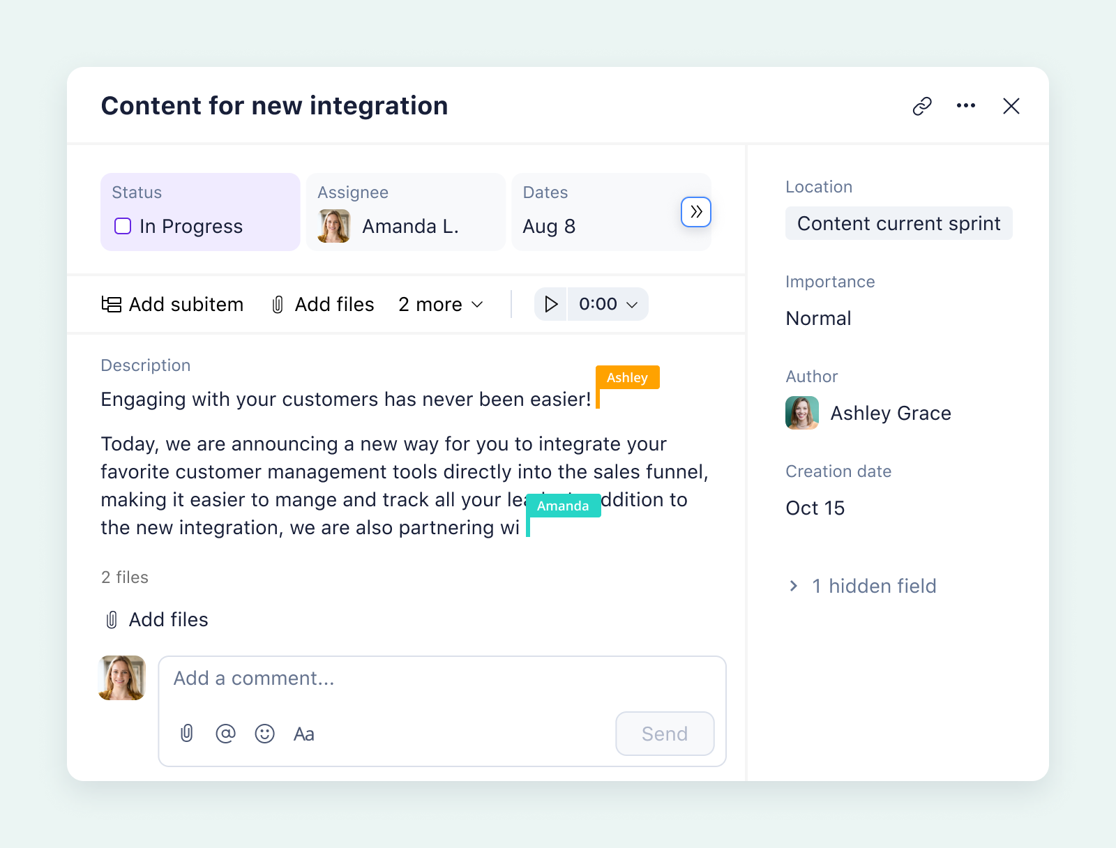 product screenshot for wrike task view on aqua background