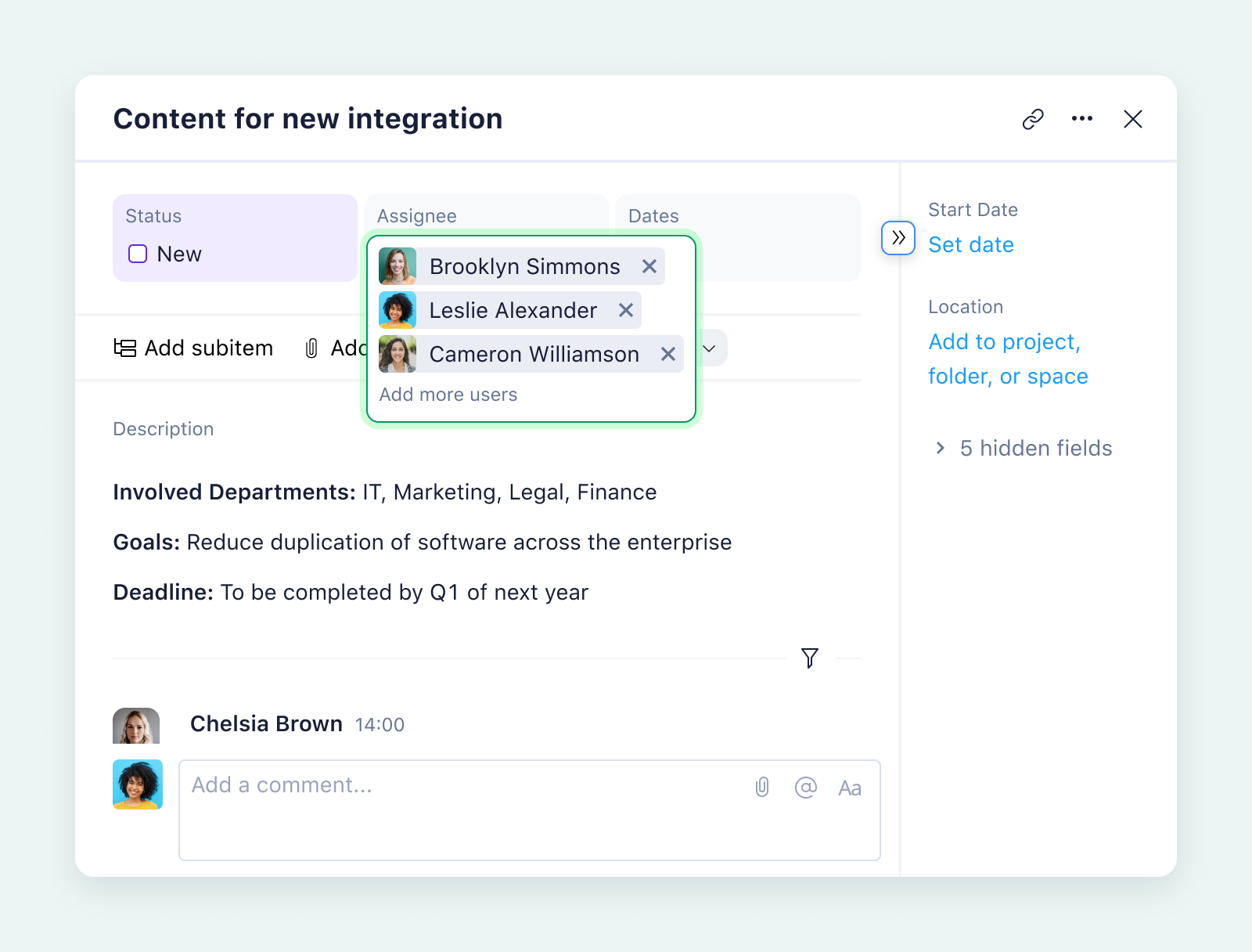 product screenshot for wrike task view on aqua background
