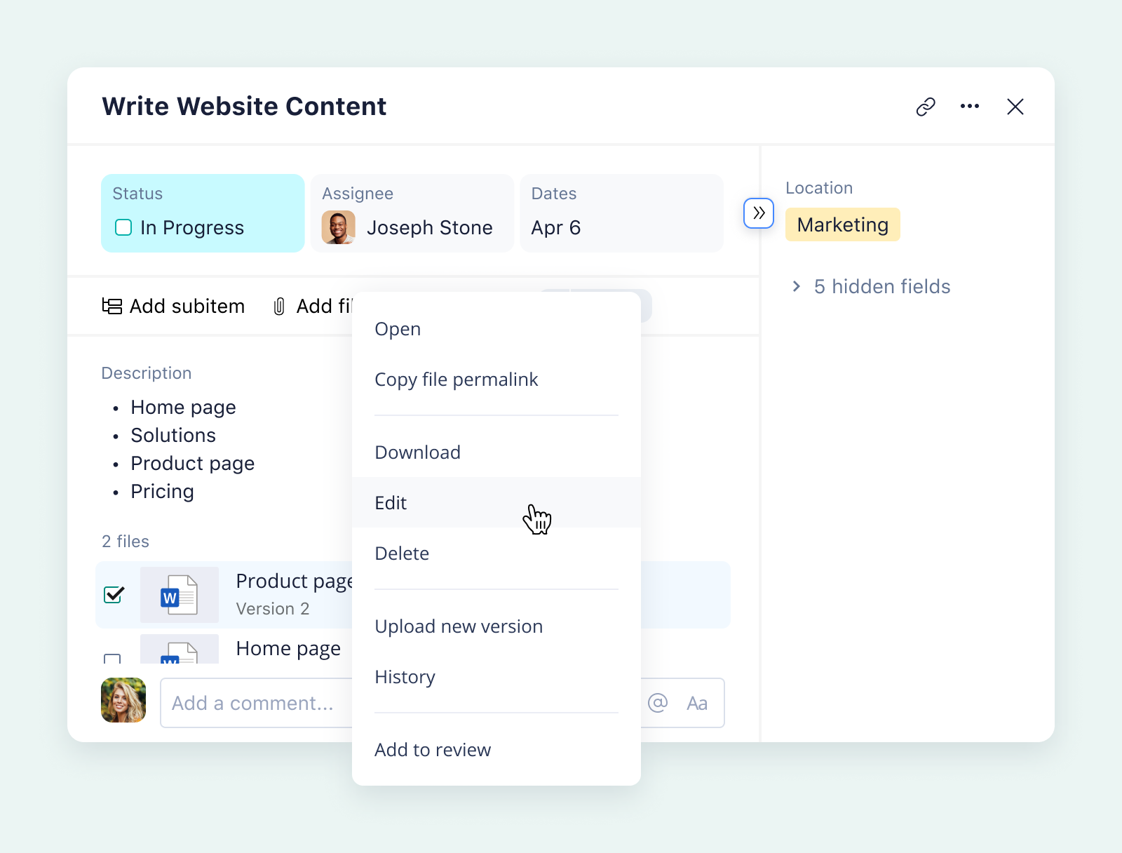 product screenshot for wrike task view on aqua background