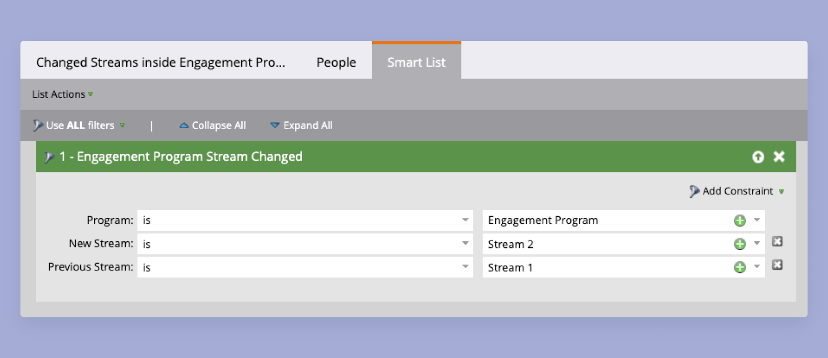screenshot of marketo smart lists