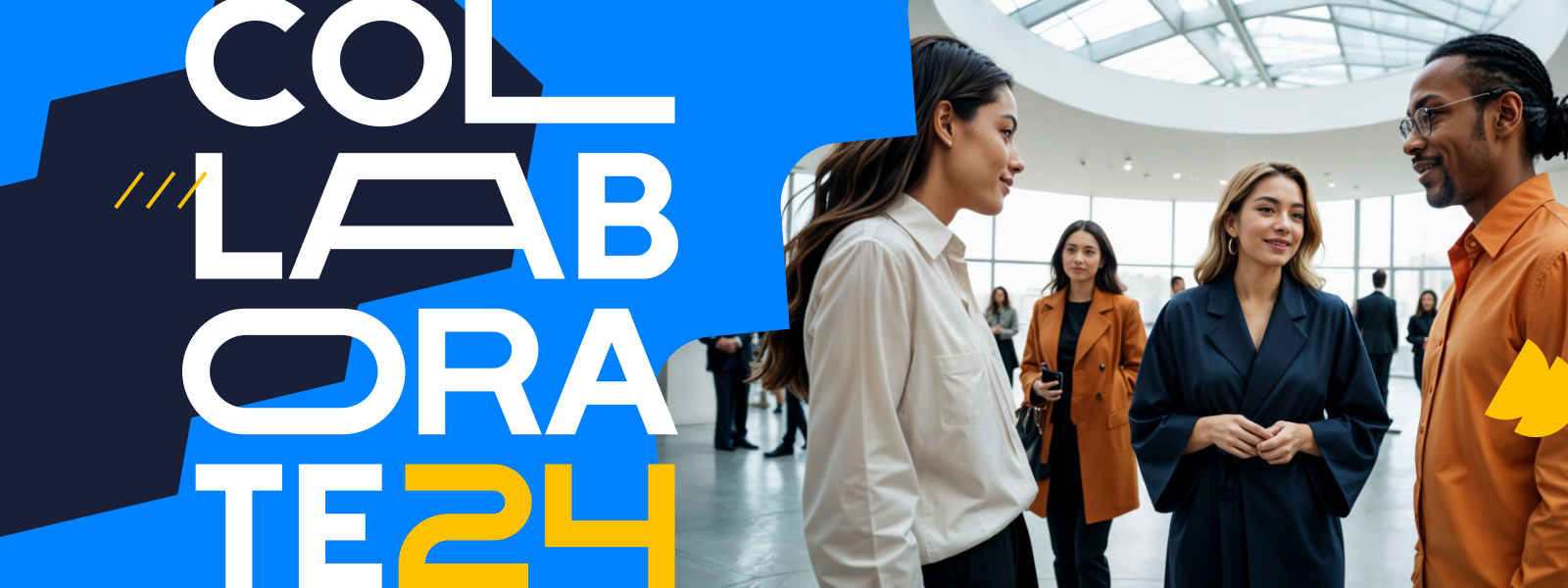 collaborate 2024 logo with people at conference in the background