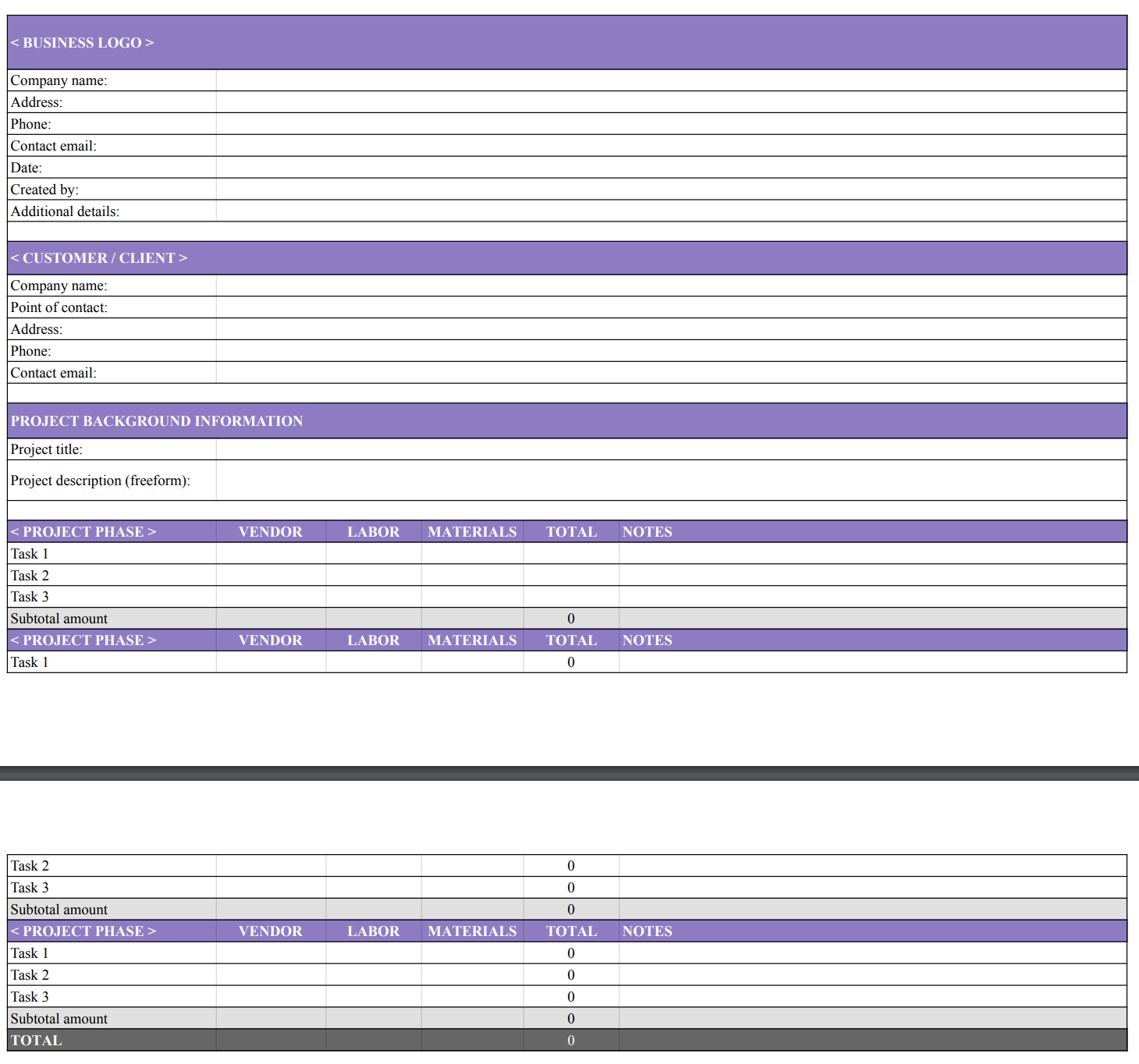 Project estimate template for a customer/client project