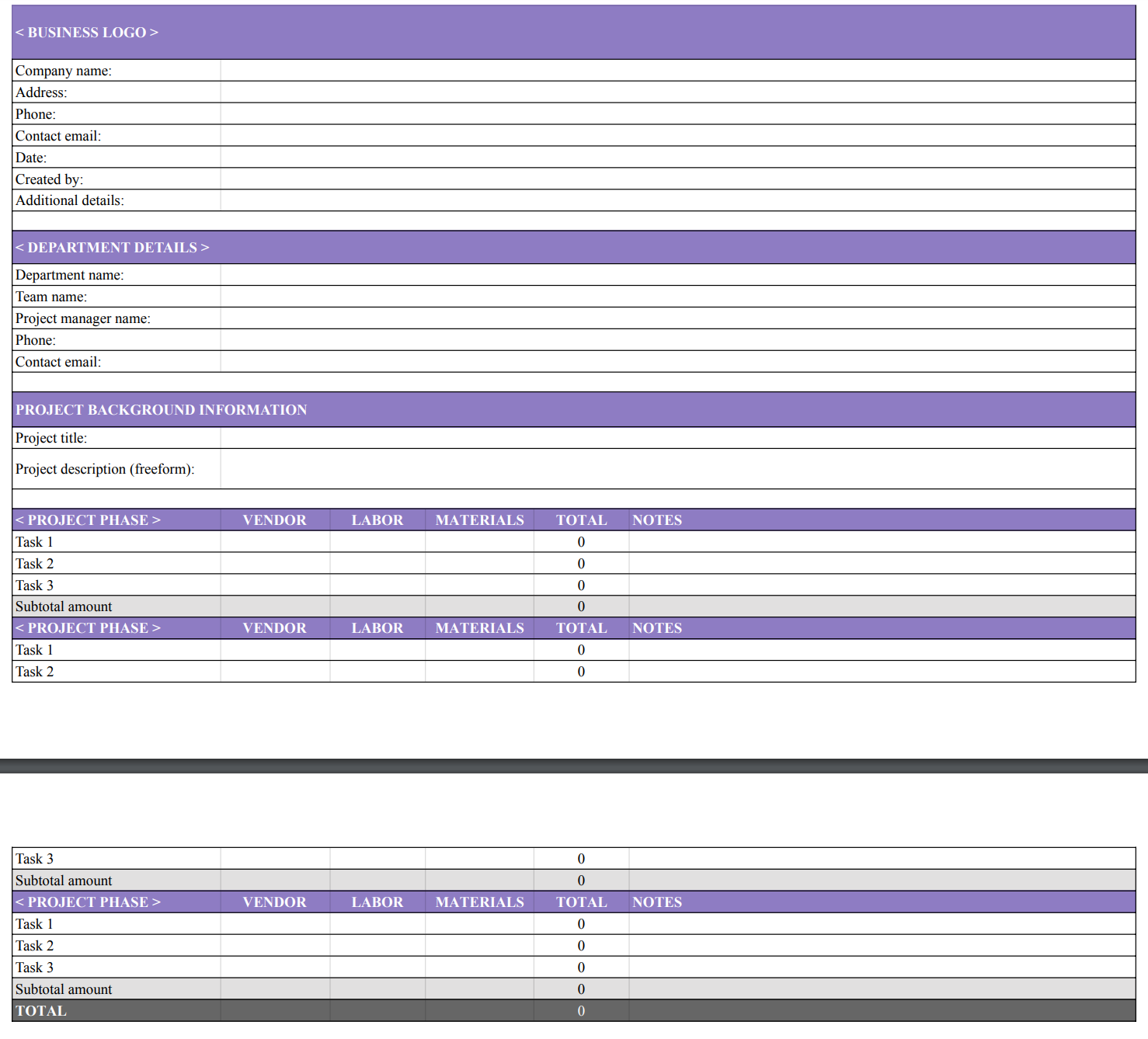 Project estimate template for an internal project