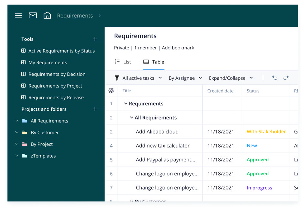 product screenshot of wrike requirements management template