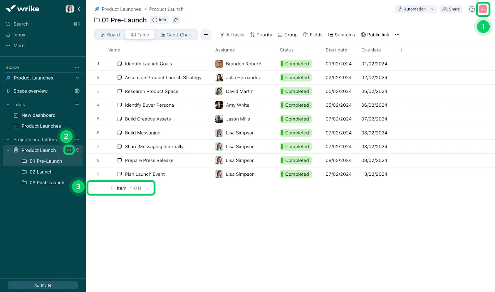 product screenshot of wrike setting up folders product launch (pre-launch)