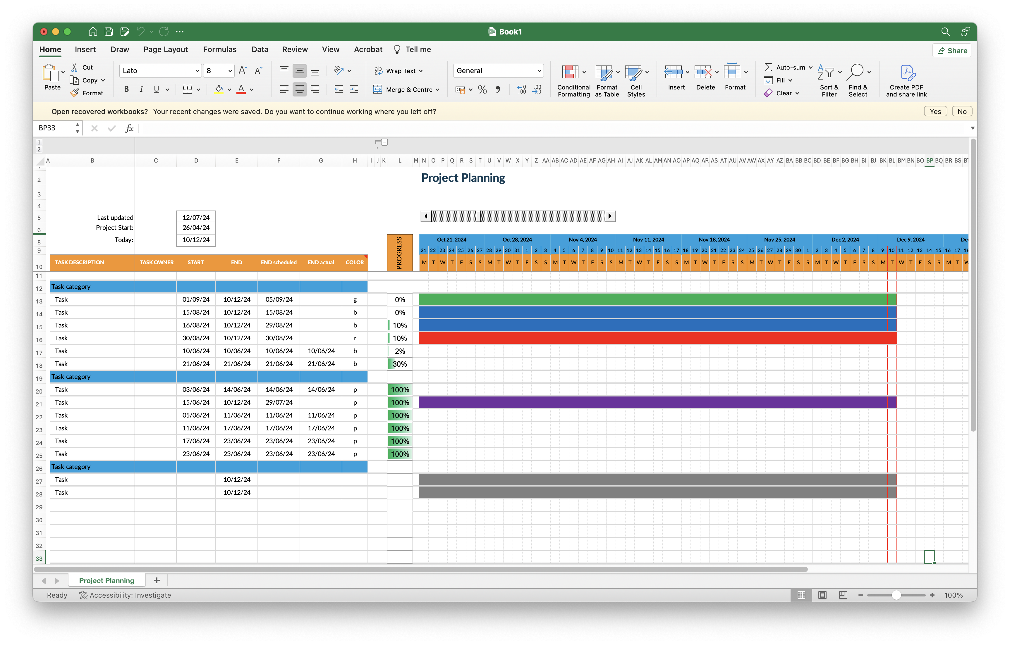 Excel project management template