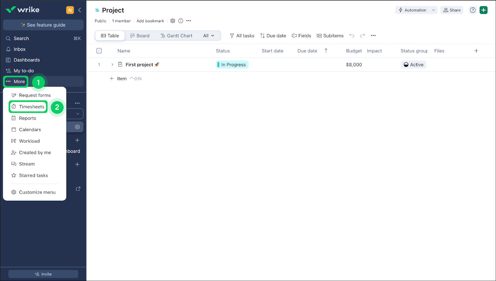 product screenshot of wrike timesheets