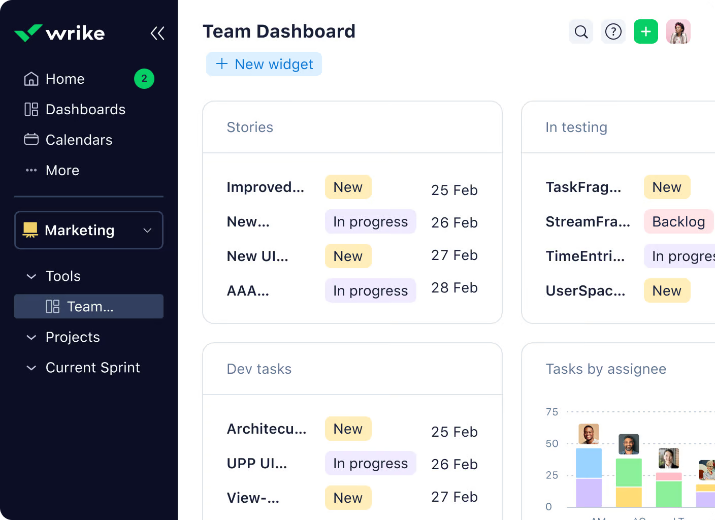 team dashboard widget
