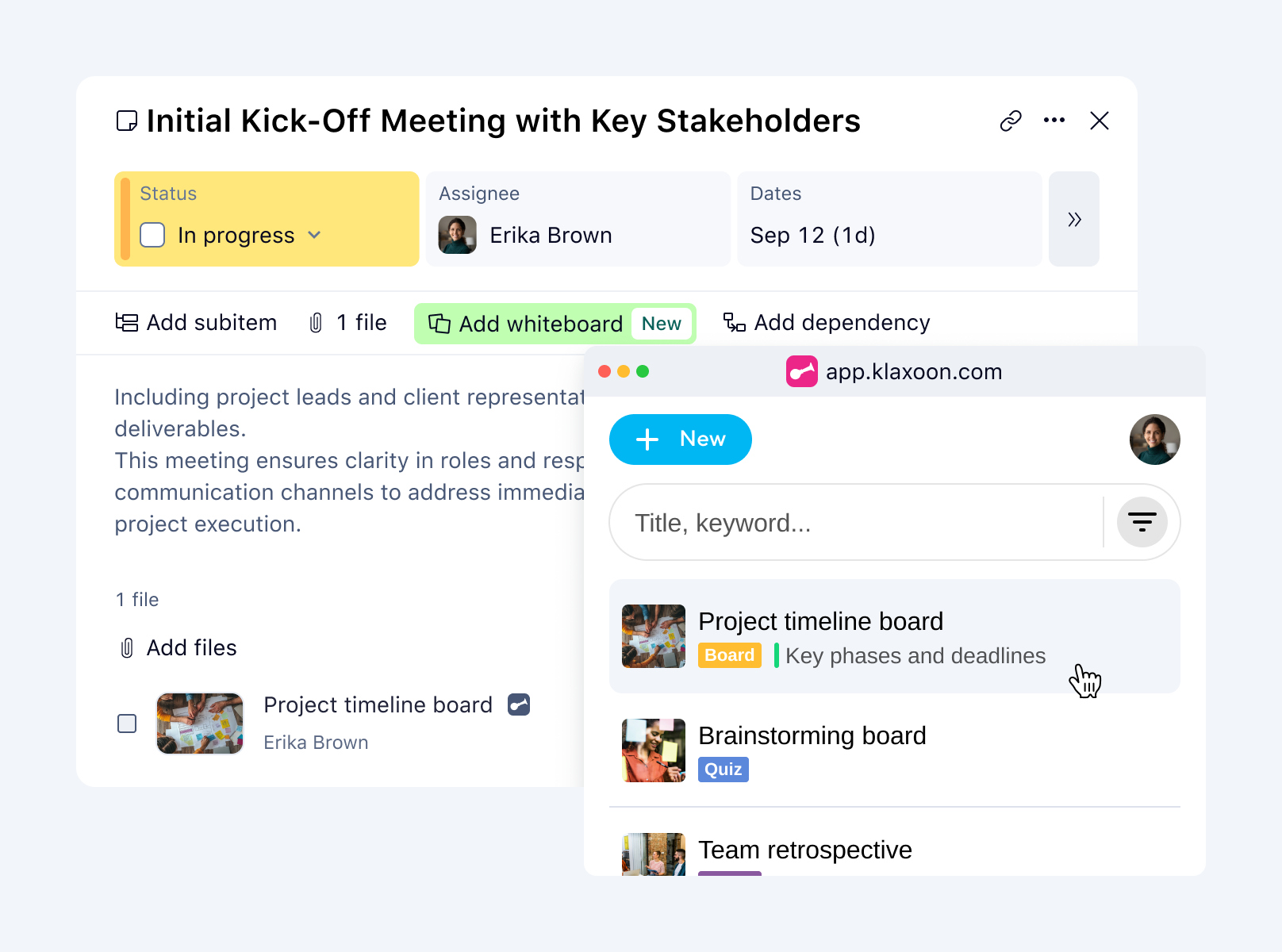 product screenshot showing how to attach a klaxoon board to a wrike tasks
