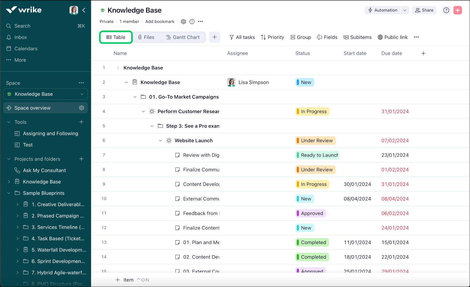 Updated project management table view with tasks, timelines, and status indicators.