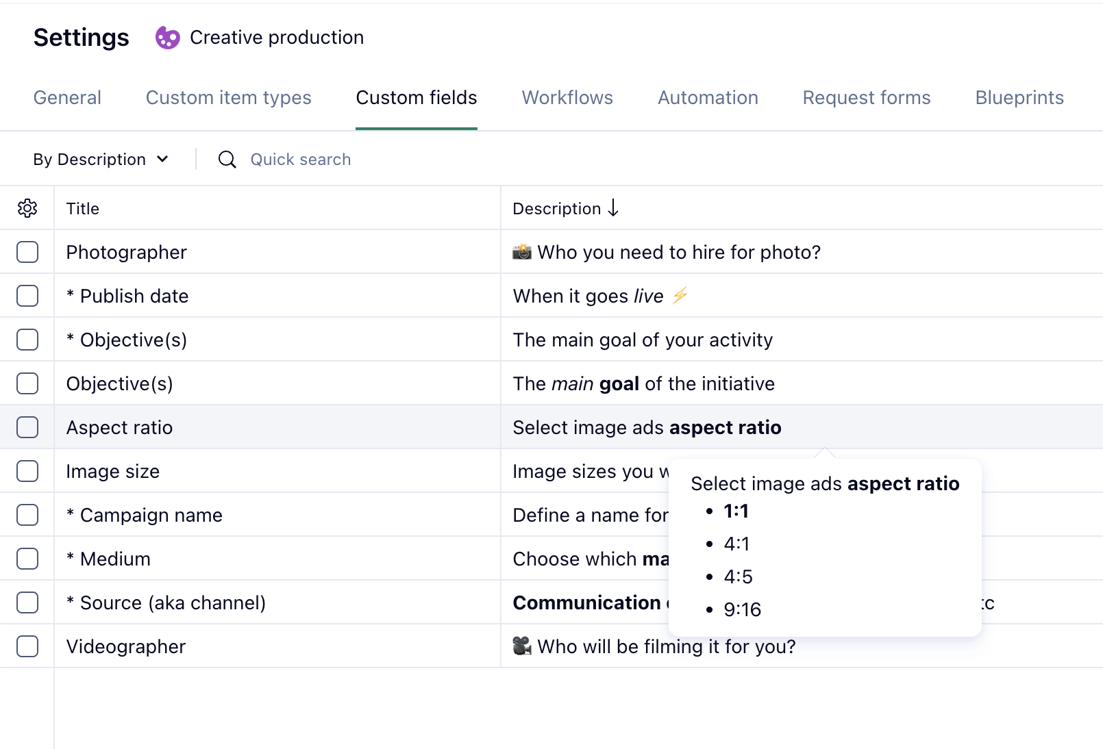 custom field descriptions admins