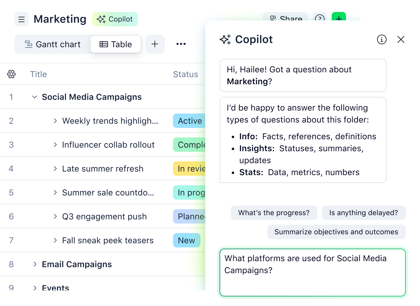 product screenshot of wrike copilot 