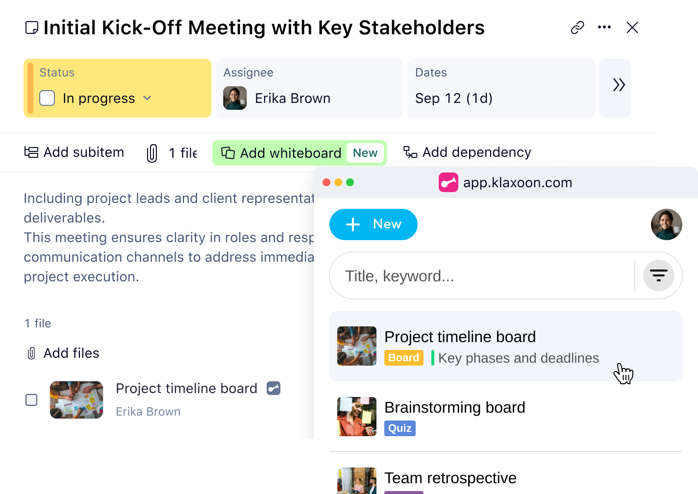 product screenshot showing how to attach a klaxoon board to a wrike tasks
