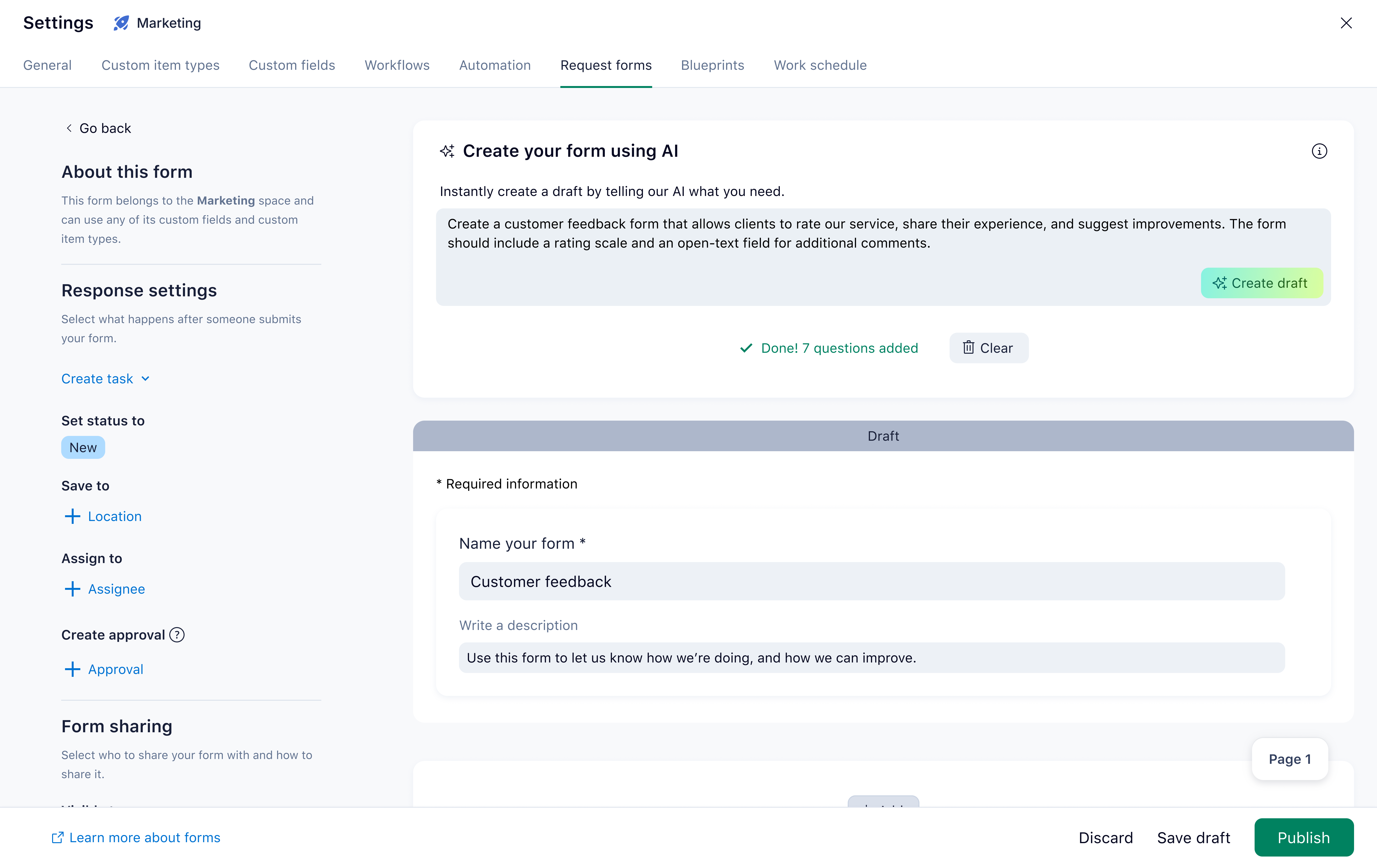 Marketing Ask Chart with actionable requests and responses for team collaboration.