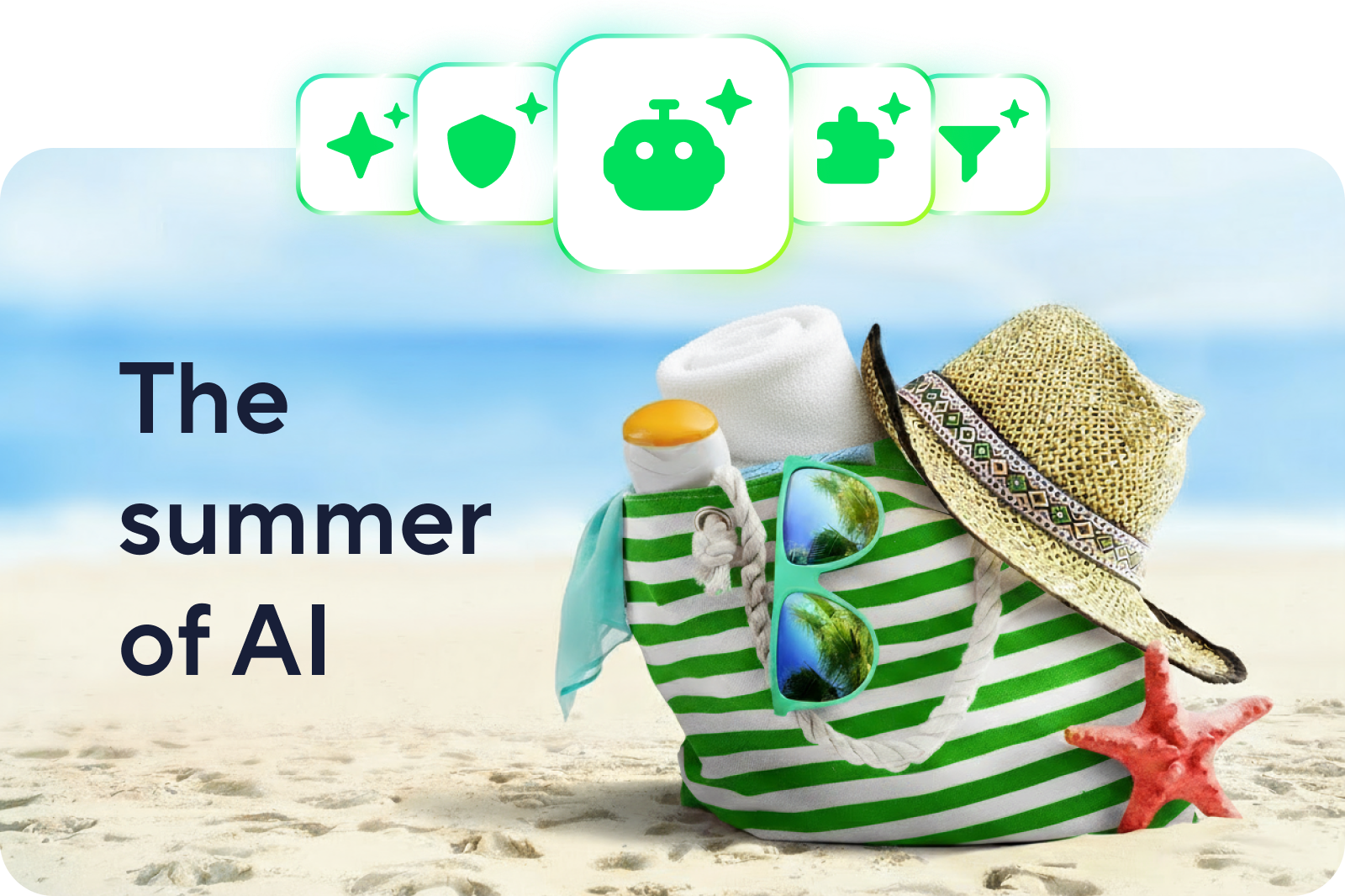 AI Summer Concept with a digital landscape and futuristic elements.