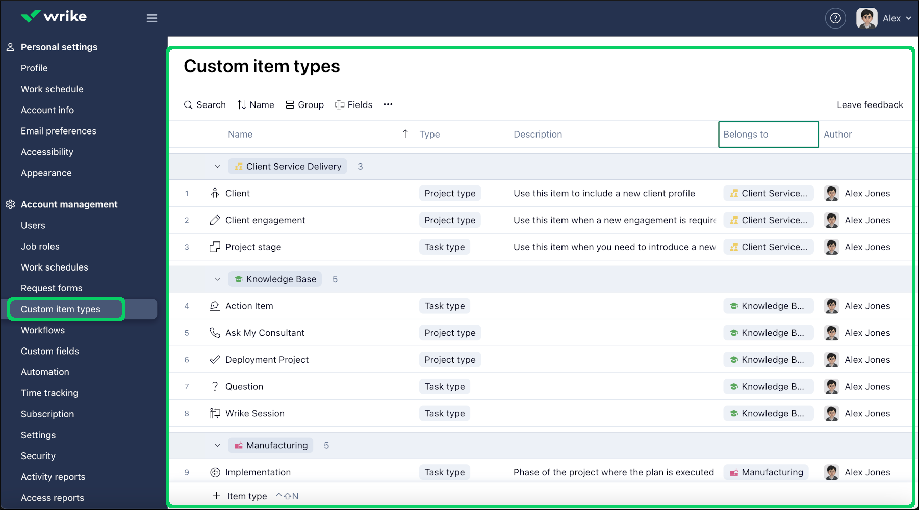 New custom item type options for project management in Wrike.