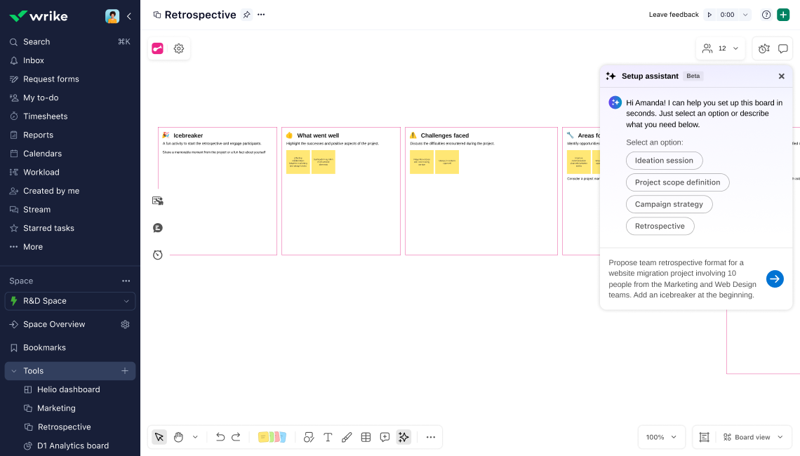 Wrike Whiteboard AI setup assistant interface.