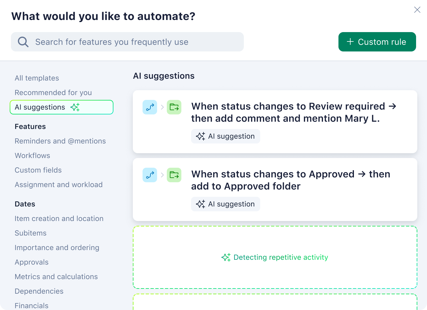 product screenshot of new ai automation suggestions