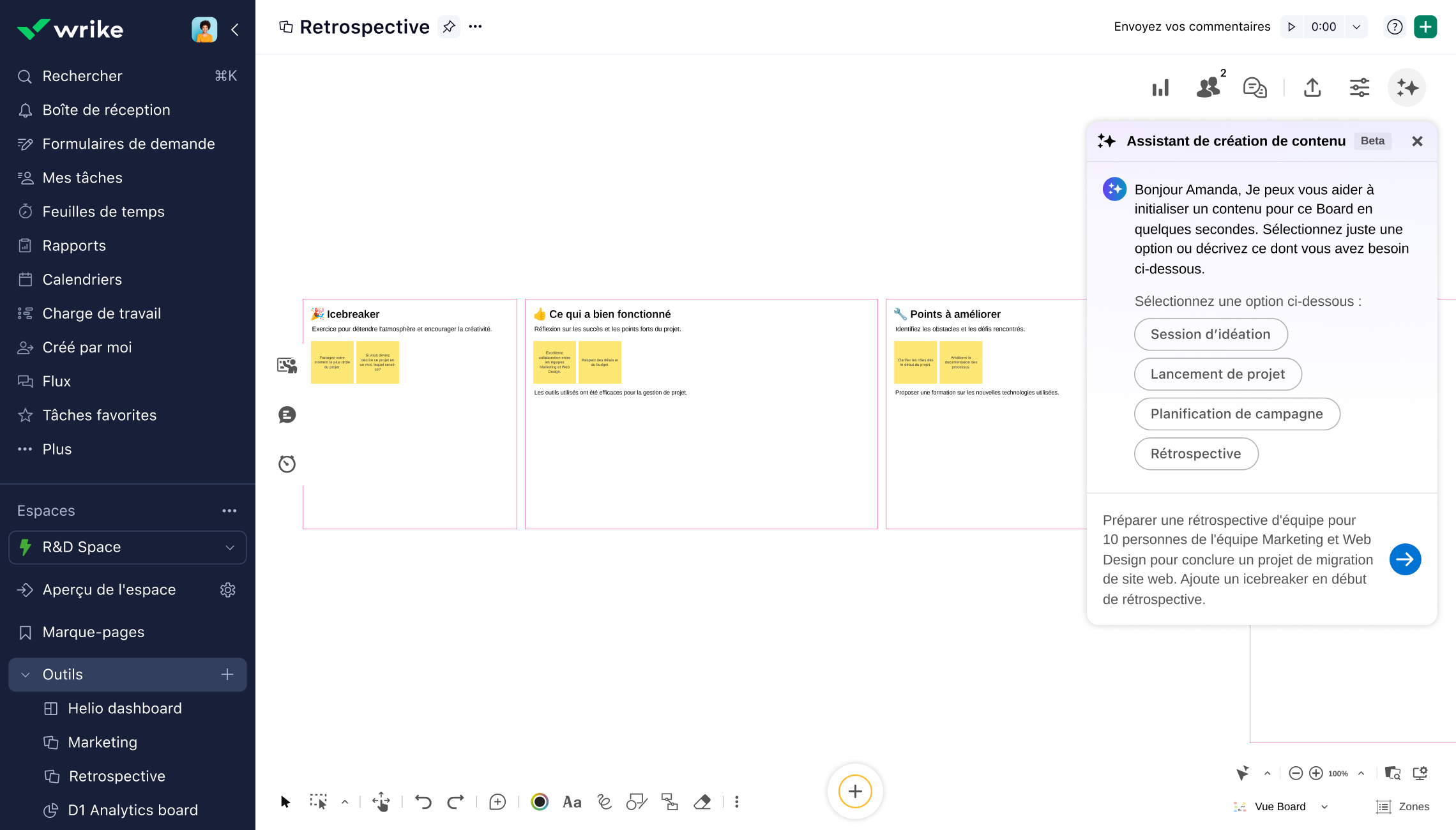 Réunion de rétro pour discuter des réussites et des améliorations futures.